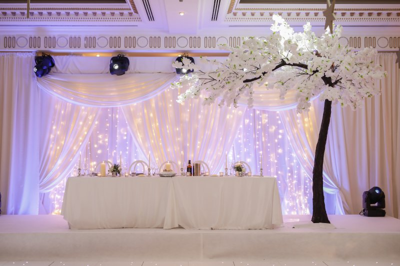 Draping and fairy light backdrop Powerscourt Hotel